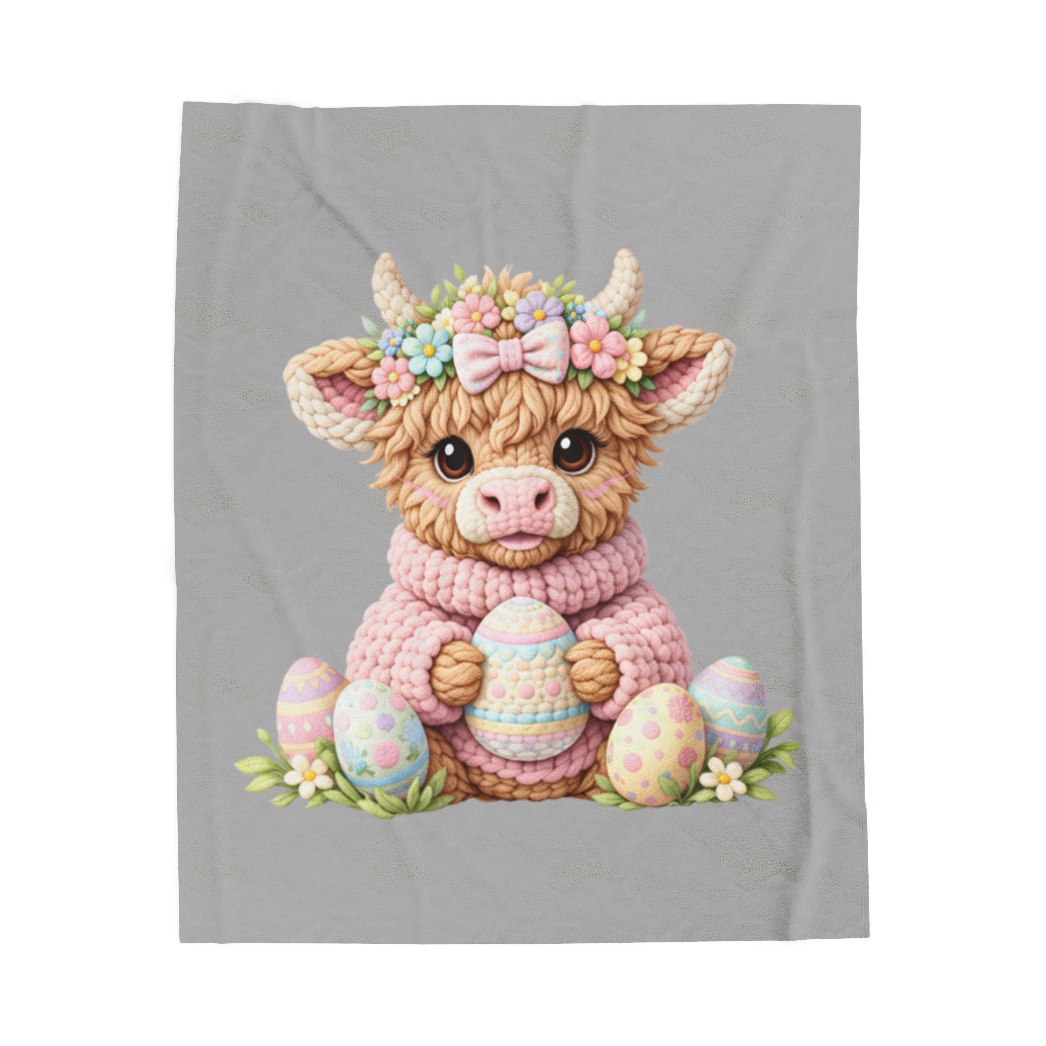 Cute Easter Highland Cow Velveteen Plush Blanket – Pastel Bunny-Egg Spring Throw for Kids