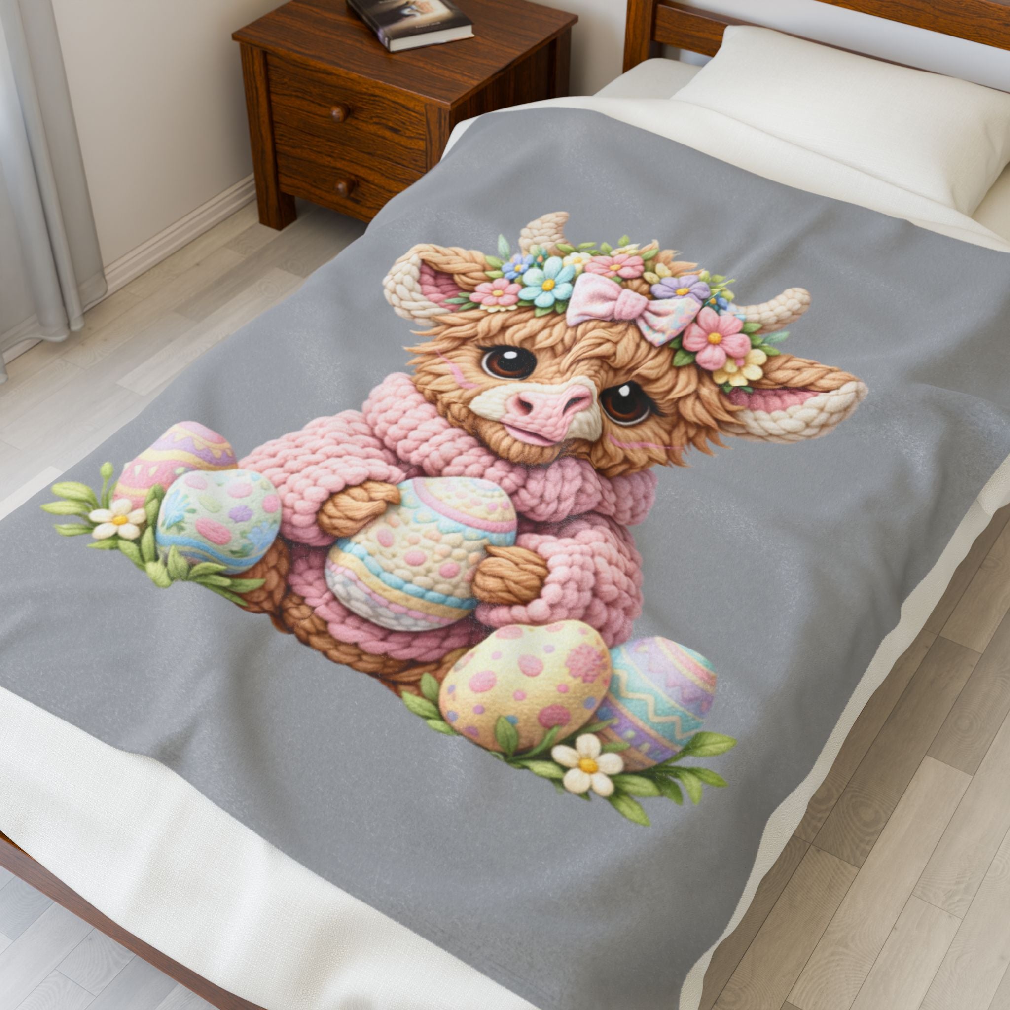 Cute Easter Highland Cow Velveteen Plush Blanket – Pastel Bunny-Egg Spring Throw for Kids
